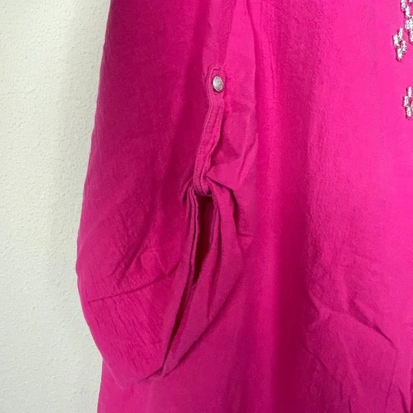 Susan Graver Pink Beaded Top 1X Roll-Tab Sleeve Casual Cotton Coastal Everyday - Picture 5 of 7